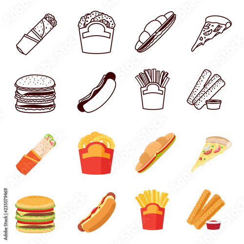 Line and color silhouettes fastfood vector icons set on white background