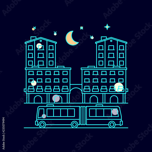 Night city landscape with moon, stars and homes, bus, vector illustration