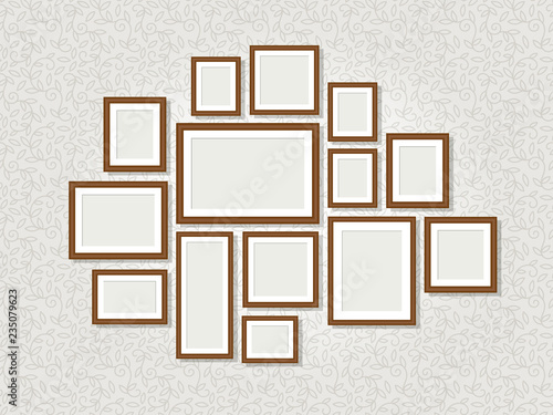 Wall photo frames. Exhibition or art gallery retro picture frame set, decoration empty blank borders isolated on background, vector illustration