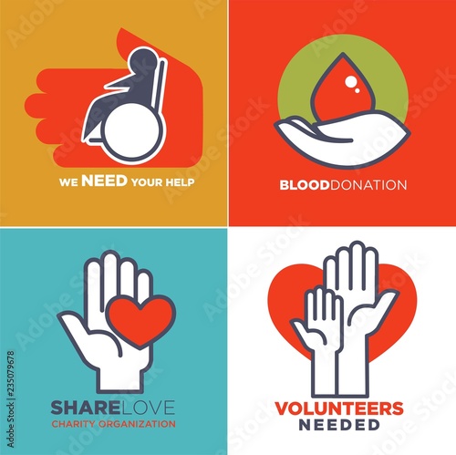 Charity, blood or donation or medical and volunteering support or care design