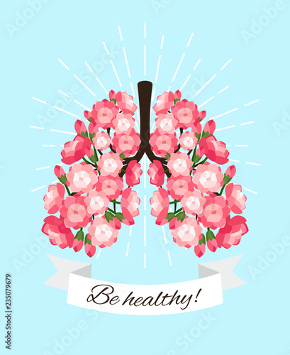 Blooming lungs. Healthy good lungs with blossoming roses health concept vector illustration