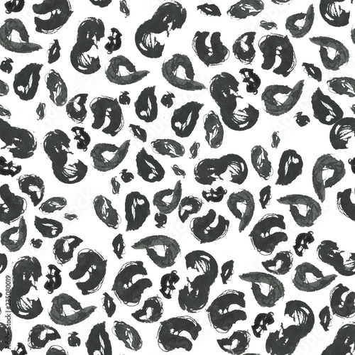 Watercolor painting abstract leopard skin print. Black and white seamless pattern