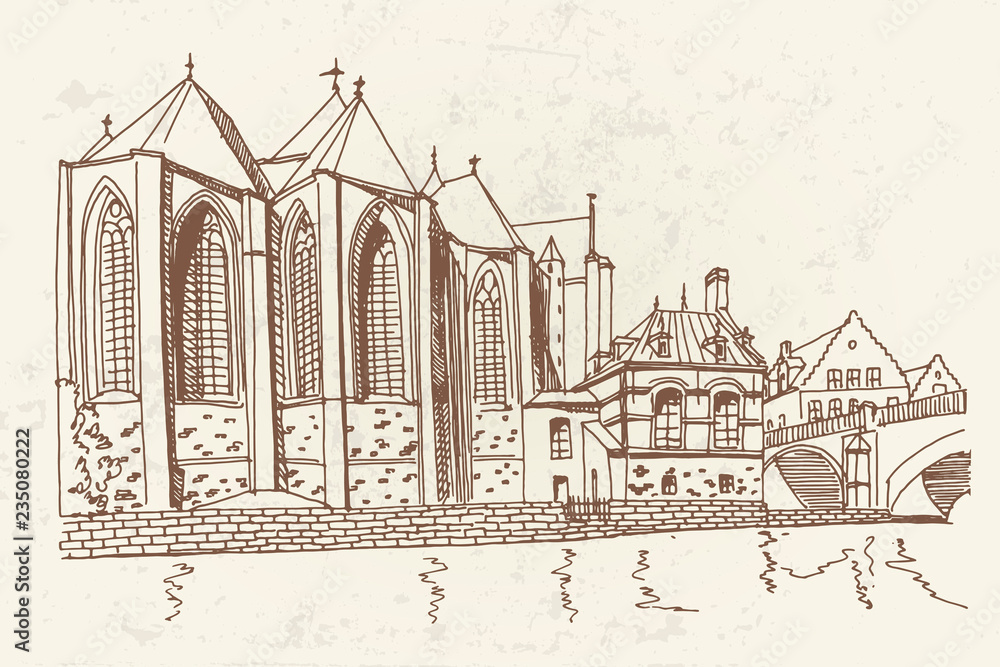  Vector sketch of Saint Michael's Church in Ghent, Belgium