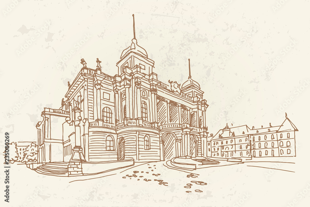 Vector sketch of Croatian National Theater in Zagreb, Croatia.