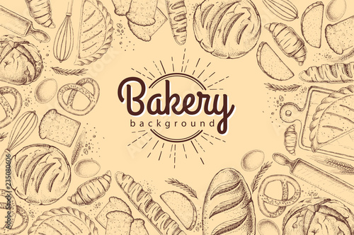 Bakery background. Top view of bakery products