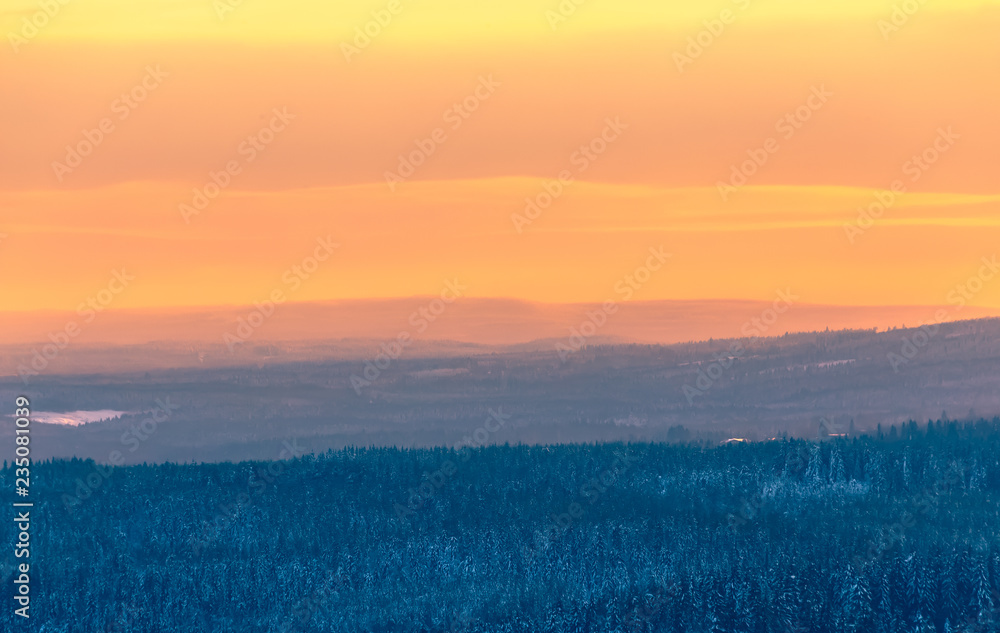 Winter sunset landscape from Sotkamo, Finland.