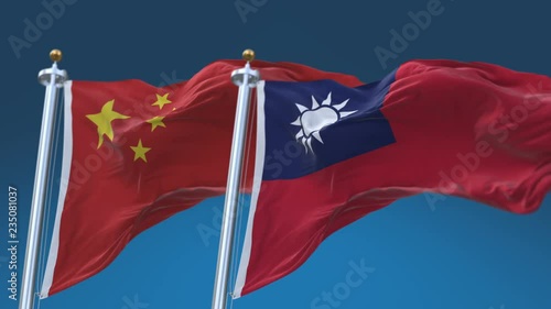 4k Seamless Taiwan and China Flags with blue sky background,A fully digital rendering,The animation loops at 20 seconds,TWN CN. photo