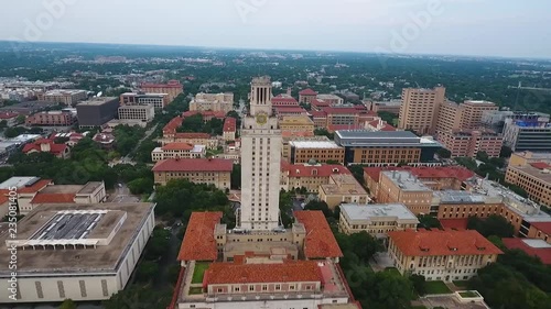 AERIAL: Slow pull back from the UT tower in Austin, Texas. photo
