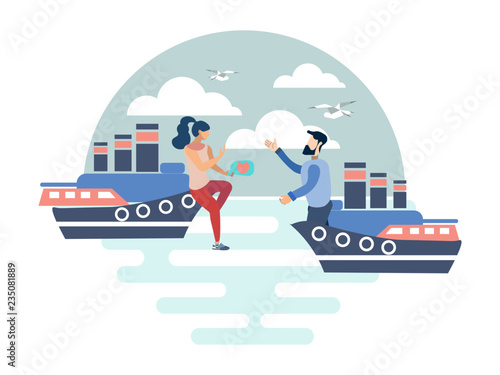 Couple in love on cruise ships. Flat style. Cartoon vector illustration