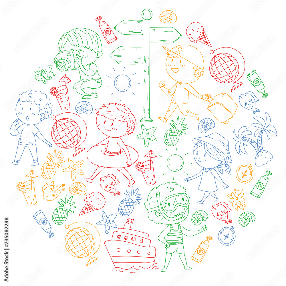 Happy children playing at seashore, beach, sea, ocean. Kids vacation and travelling. Swimming, doodle icons globe, cruise ship, cocktails. Happy children playing at seashore, beach, sea, ocean. Kids vacation and travelling. Swimming, doodle icons globe, cruise ship, cocktails.