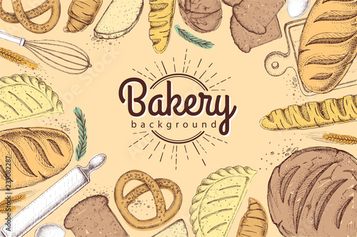 Bakery background. Top view of bakery products