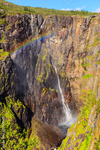 Voringsfossen waterfall with rainbow  Norway