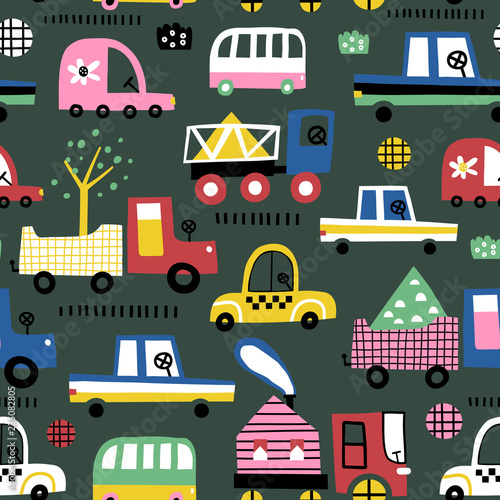 Childish seamless pattern with cute car. Perfect for kids fabric, textile, nursery wallpaper. Vector Illustration in scandinavian style.