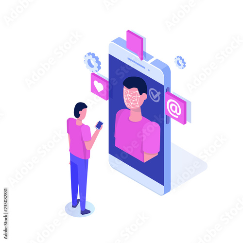 Biometric security identification, Mobile app for face recognition system isometric concept, landing page template. Vector illustration.