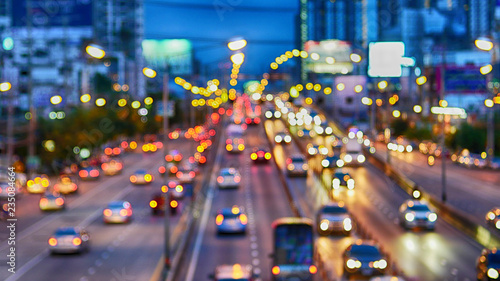 Evening traffic,Motion blur and bokeh effect viewed from the road bridge, Thailand.