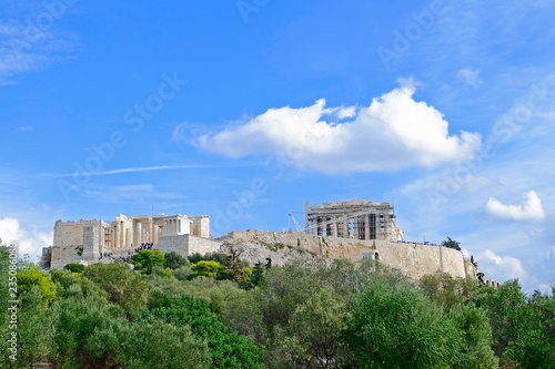 Greece, Acropolis of Athens under blue cloudy sky, view from south west