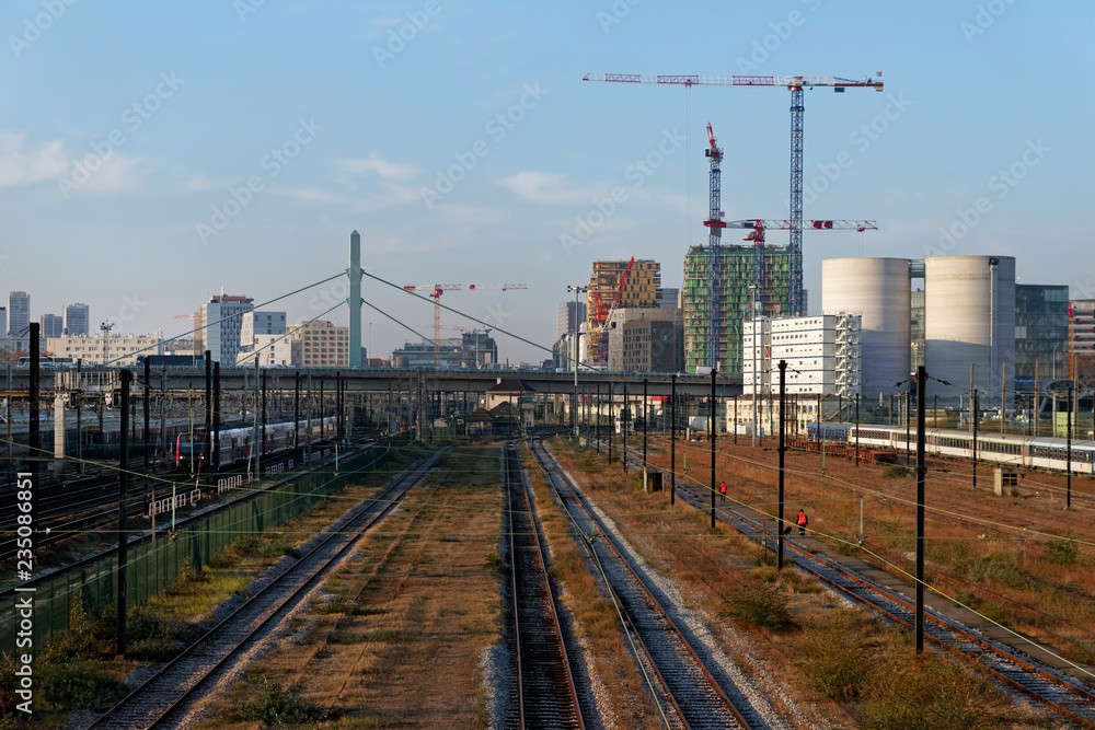 Railway tracks in Paris suburb. Ivry sur Seine - obrazy, fototapety, plakaty 