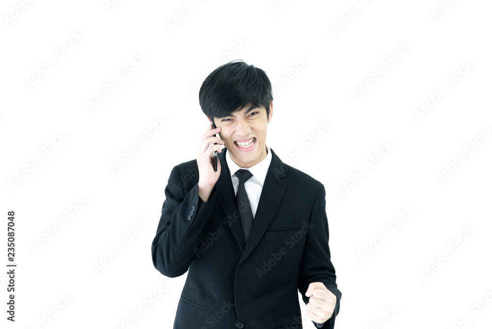 Asia businessman with black suit and black necktie has feeling victory isolated on white background. Asia businessman with black suit and black necktie has feeling victory isolated on white background.