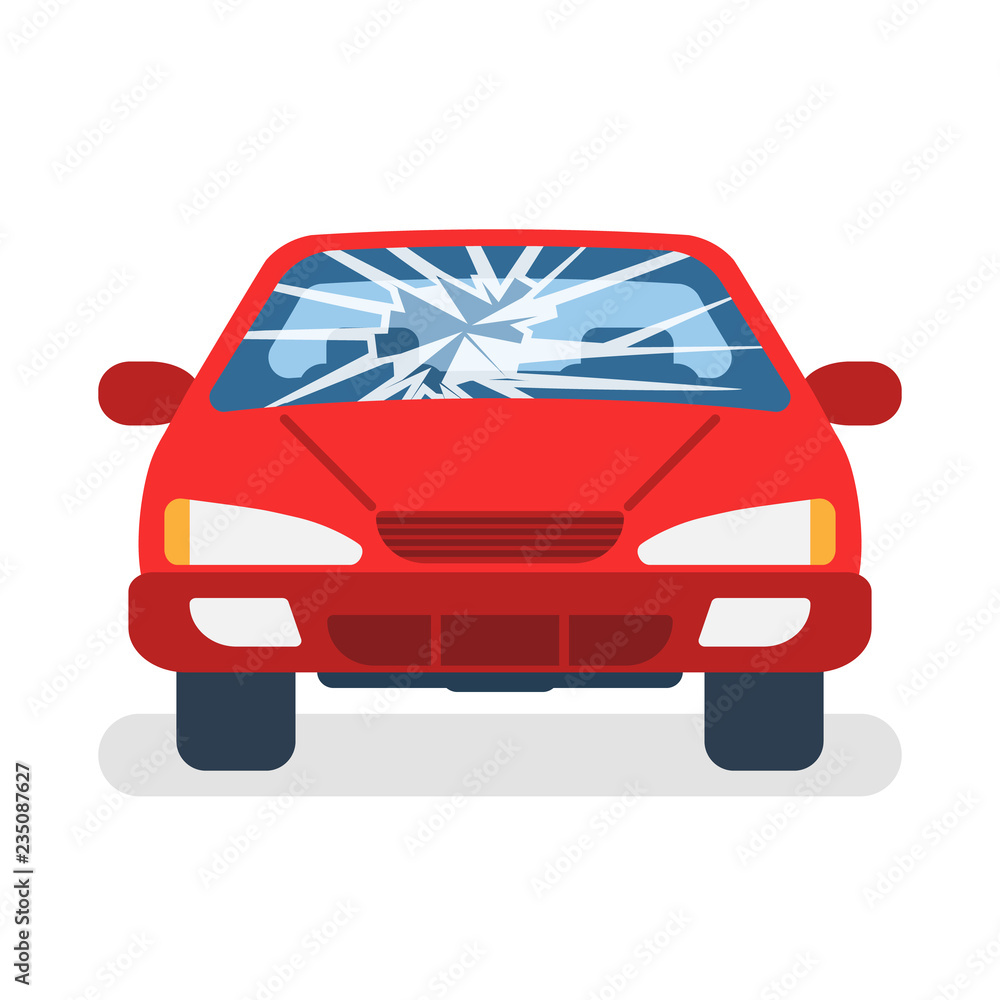 Broken car windshield. Accident of car. Damaged glass. Vector