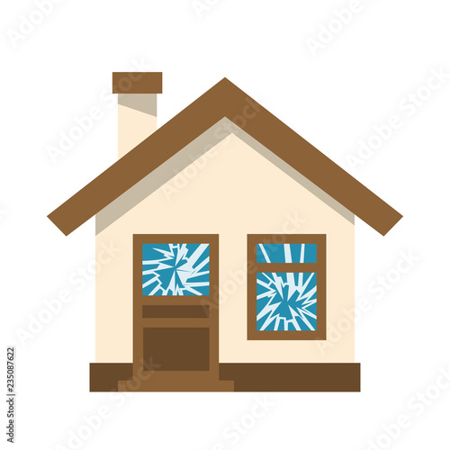 Broken window. Ruined house. Cracked glass. Vector illustration flat design. Isolated on white background.