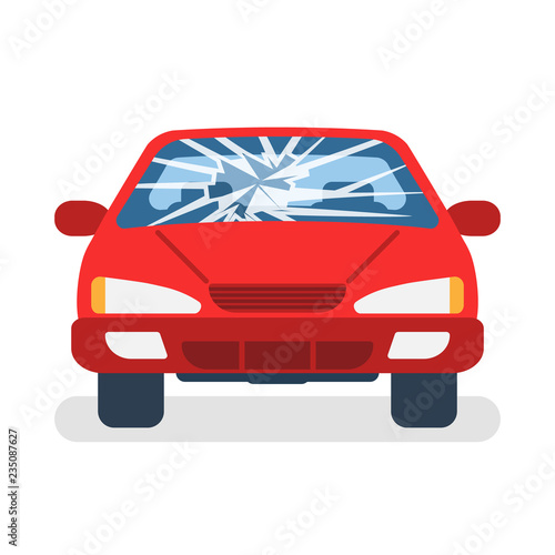Broken car windshield. Accident of car. Damaged glass. Vector illustration flat design. Isolated on white background. 