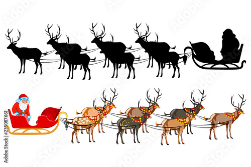 Santa Claus on a sleigh with reindeer, with a handful of gifts. Silhouette of santa claus.