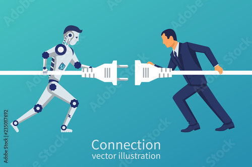 Business and robot connection. Symbol of working together, cooperation, partnership. Future collaboration. Vector illustration flat design. Human and artificial intelligence connect plug to outlet.
