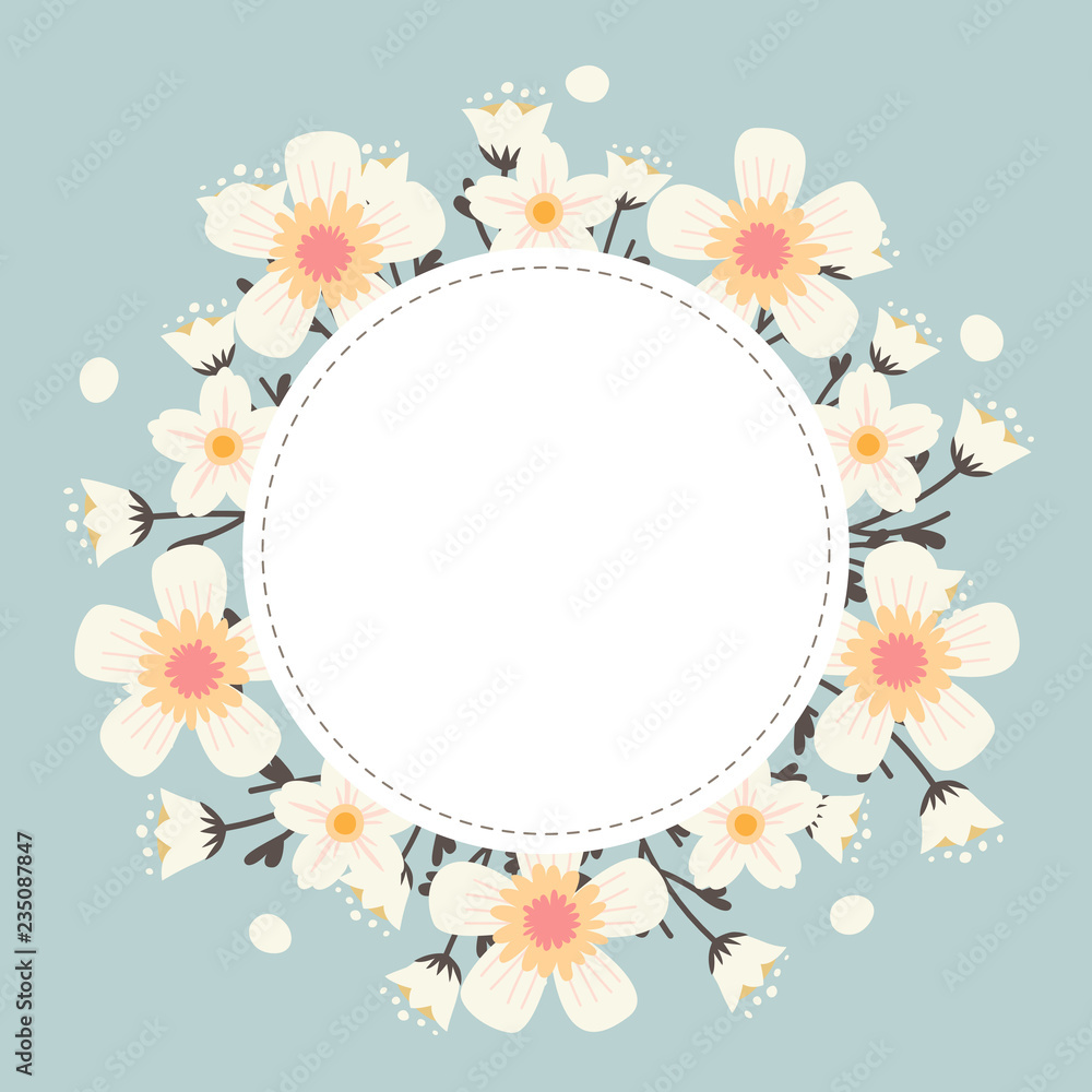 Floral greeting card and invitation template for wedding or birthday anniversary, Vector circle shape of text box label and frame, White cosmos flowers wreath ivy style with branch and leaves.