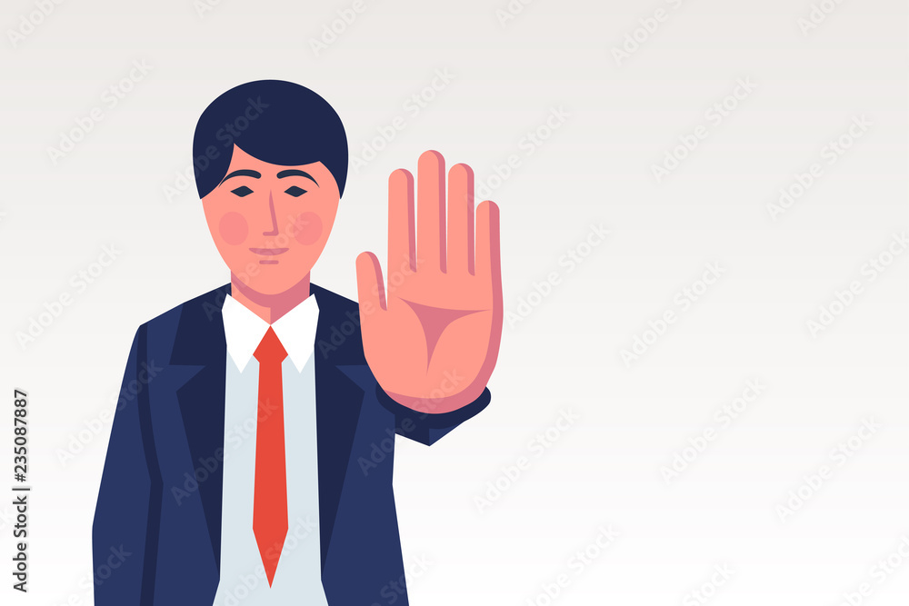 Man making stop gesture with hand. Big palm signaling stop. Vector illustration flat design. Isolated on white background. Man making stop gesture with hand. Big palm signaling stop. Vector illustration flat design. Isolated on white background.