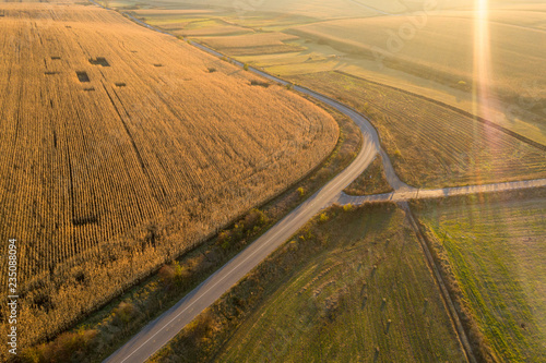 Aerial view of grain fields at sunset