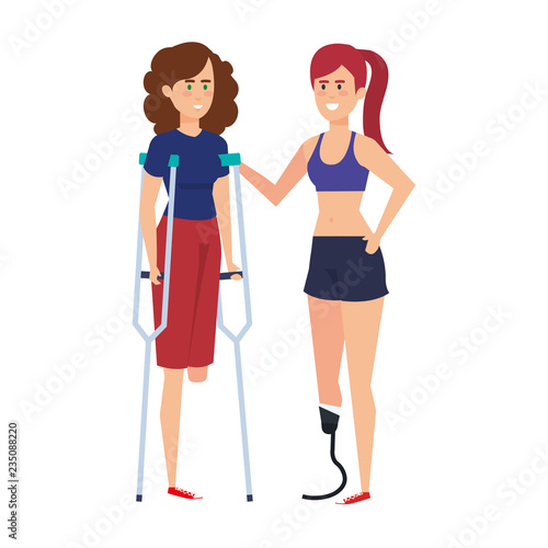 women with crutches and prosthesis characters