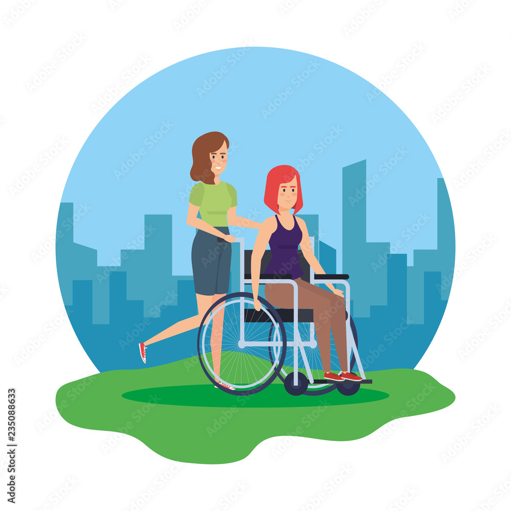 woman in wheelchair and helper characters woman in wheelchair and helper characters