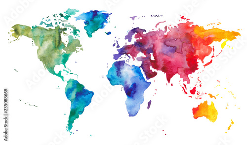 Fotografie, Obraz Watercolor World Map