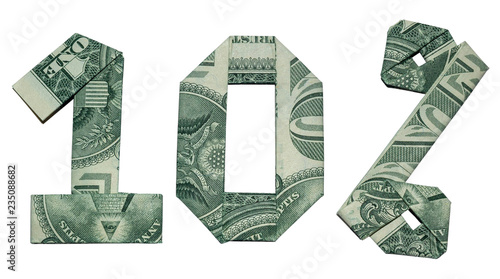 Money Origami 10 Percent Sale Sign Folded with 3 Real One Dollar Bills Isolated on White Background
