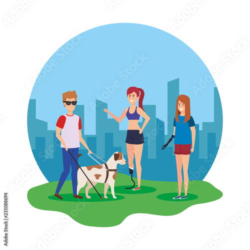 blind man with guide dog and women with prosthesis