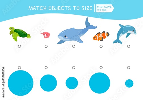 Matching children educational game. Match object to size. Activity for pre shool years kids and toddlers.