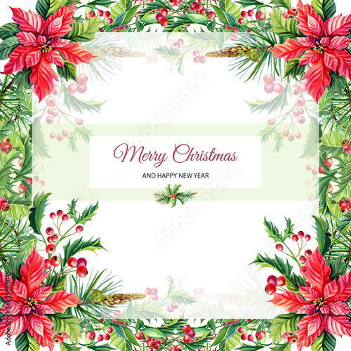 Watercolor Merry Christmas and New Year Greeting Card with Red poinsettia flowers, Holly, © lyubovyaya