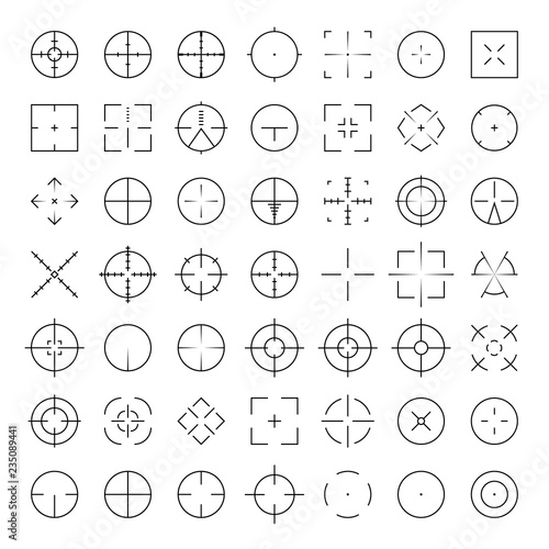 Automatic rifle sniper scope crosshairs thinline icon set. AR Collimator sight glyphs. Military war gun aim silhouettes.