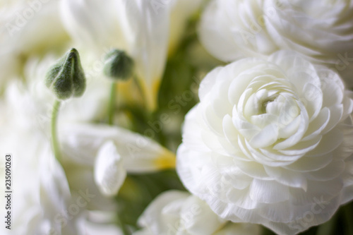 details of a wedding bouquet with white buttercup and buds