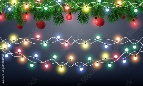 Vector holiday wood texture background with fir branches and Christmas lights Christmas & New Year design: wooden background with christmas lights garland. Vector illustration, eps10.