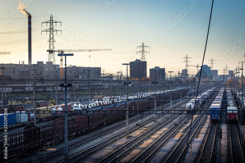 Busy multiple track railway and industrial city