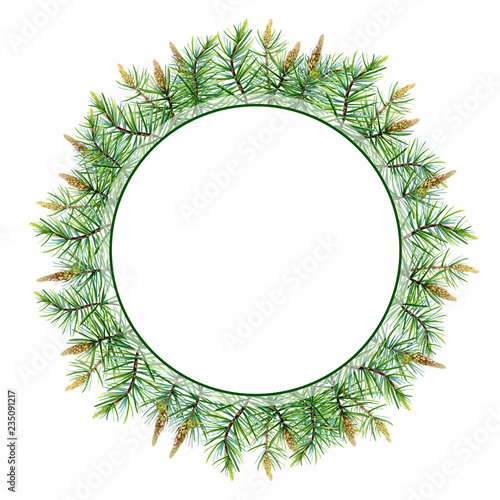 Watercolor Merry Christmas Wreath with pine,spruce on white background.
