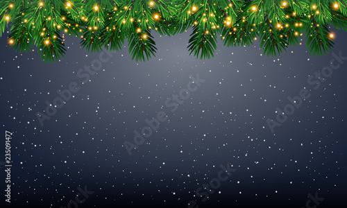 Vector holiday wood texture background with fir branches and Christmas lights Christmas & New Year design: wooden background with christmas lights garland. Vector illustration, eps10.