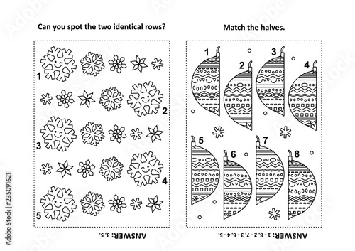 Two visual puzzles and coloring page for children. Find identical rows of snowflakes. Match the halves of baubles. Winter holidays, Christmas or New Year themed. Black and white. 