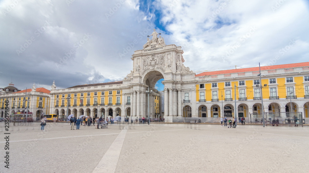 Triumphal arch at Rua Augusta at Commerce square timelapse hyperlapse in Lisbon, Portugal.