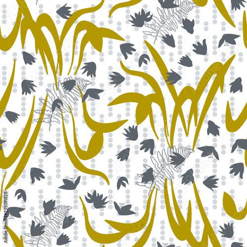 Vector floral seamless pattern with hand drawn scilla or snowdrop flowers and fern leaves. Modern decorative background in pastel colors.