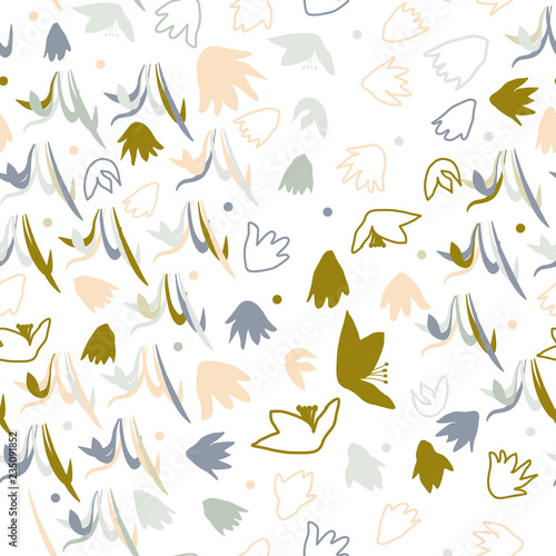 Vector floral seamless pattern with hand drawn scilla or snowdrop flowers and leaves. Modern decorative background in pastel colors.