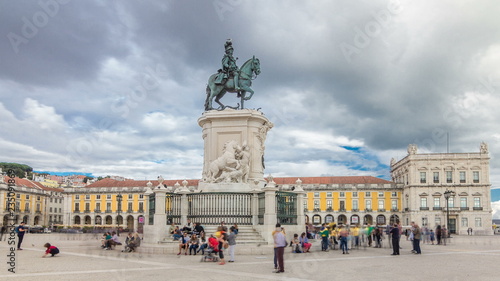 Bronze statue of King Jose I and triumphal arch at Rua Augusta at Commerce square timelapse hyperlapse in Lisbon, Portugal.