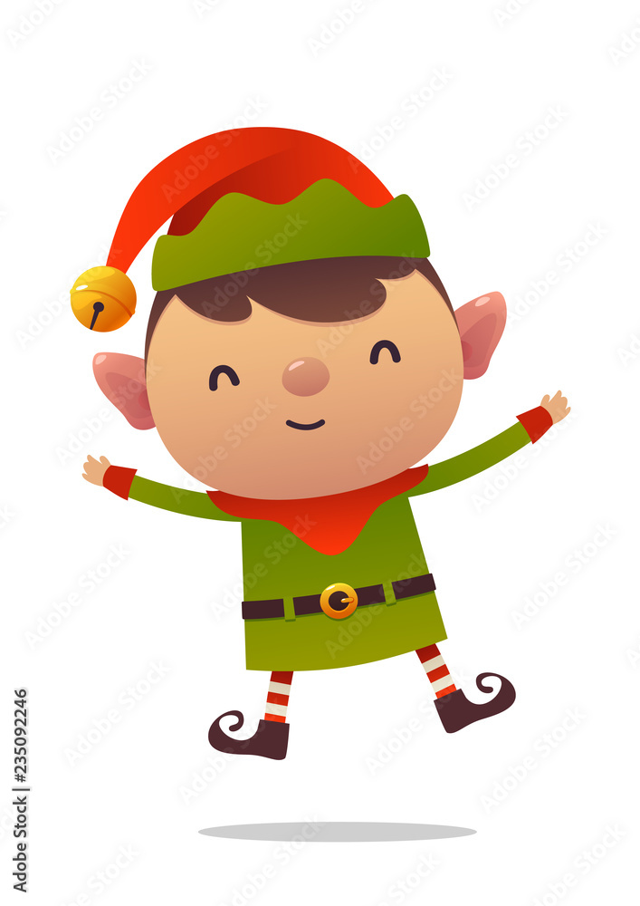 Cheerful cartoon cute christmas elf jumps isolated on white background Cheerful cartoon cute christmas elf jumps isolated on white background