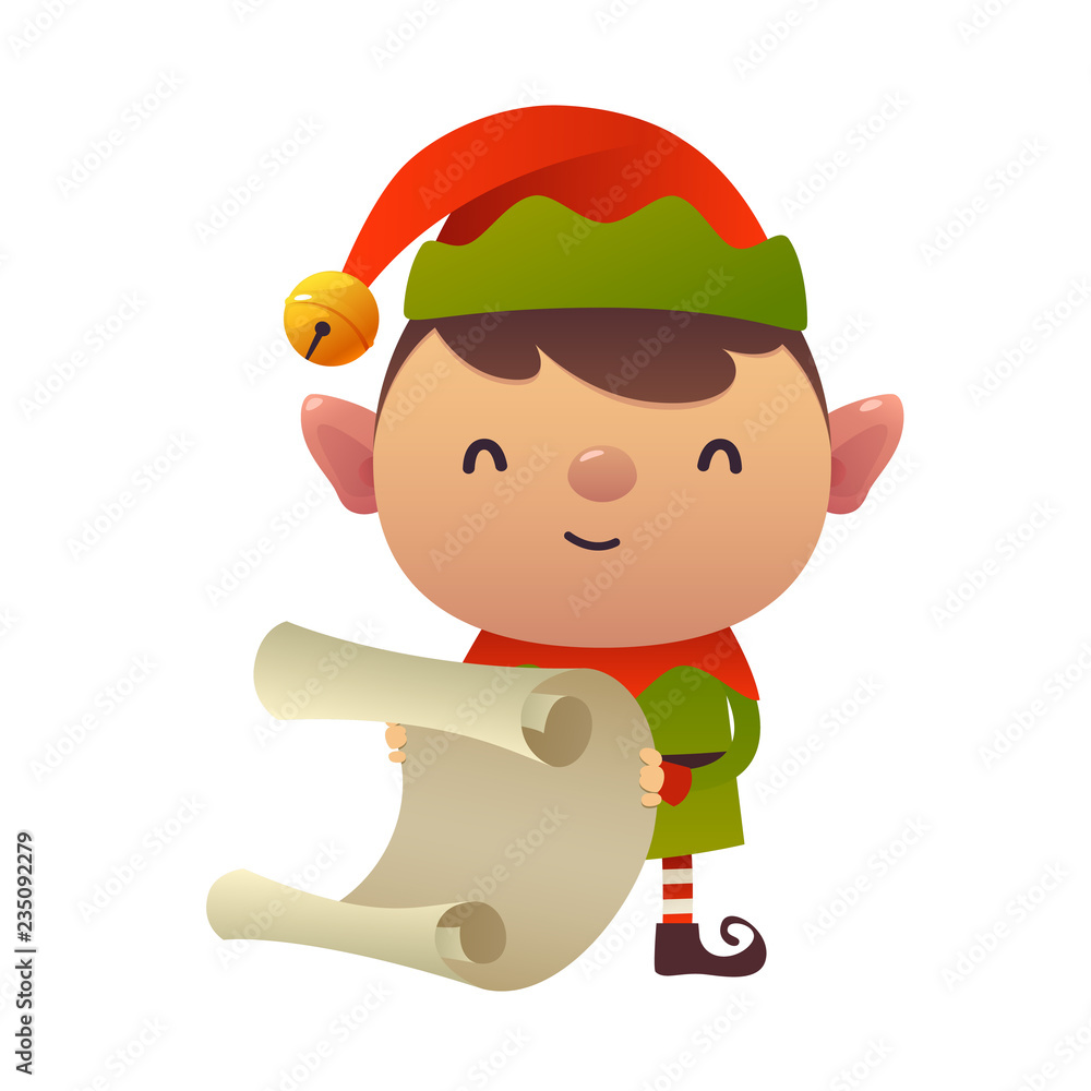 Cute cartoon christmas elf reads paper letter wish list Cute cartoon christmas elf reads paper letter wish list
